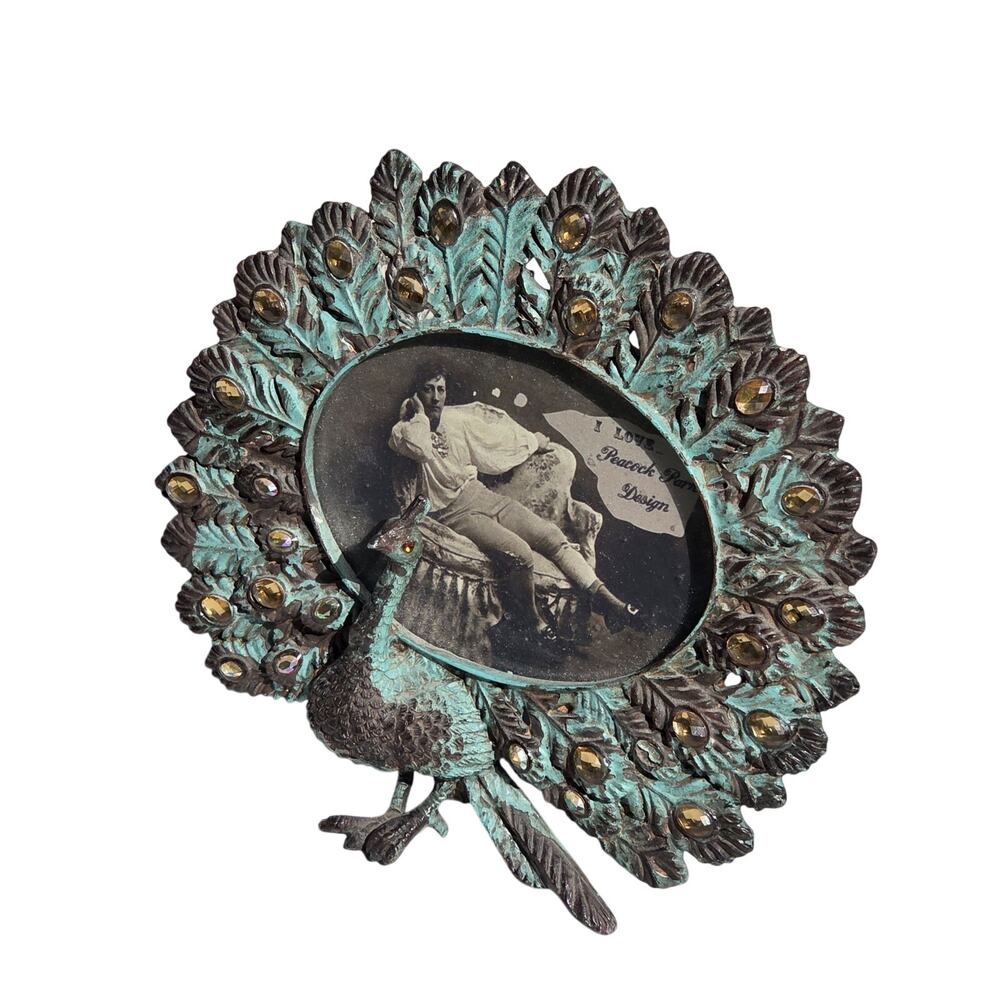Peacock Cast Iron Jeweled Picture Frame | Turquoise Distressed Vintage Decor